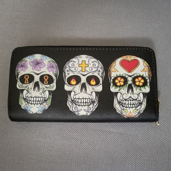 Badiya Accordian Wallet Clutch Day Of The Dead Sugar Skull Zip Around Card Slots - Picture 1 of 14